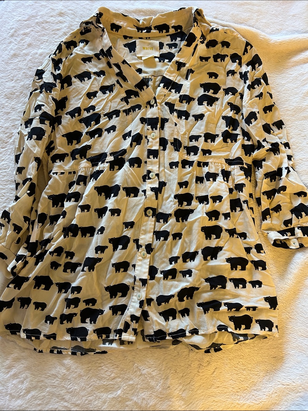 Anthropologie Cream Button-Down Shirt with Black Bear Motif